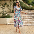 Summer floral V-neck dress for women by Dukun Design featuring a colorful, lightweight fabric and a relaxed fit.