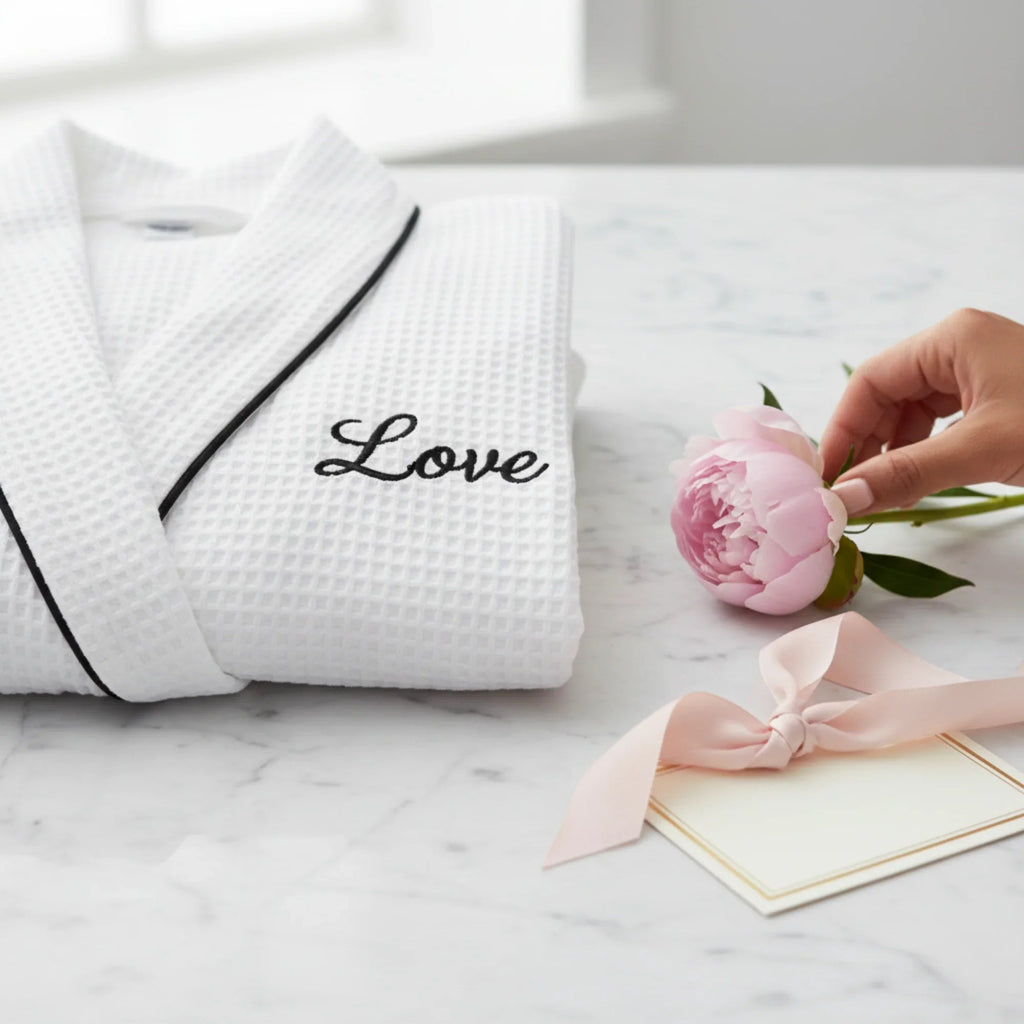 White women's waffle piping bathrobe from Lotus Linen, lightweight spa-style robe with soft, comfortable fabric for relaxing wear.