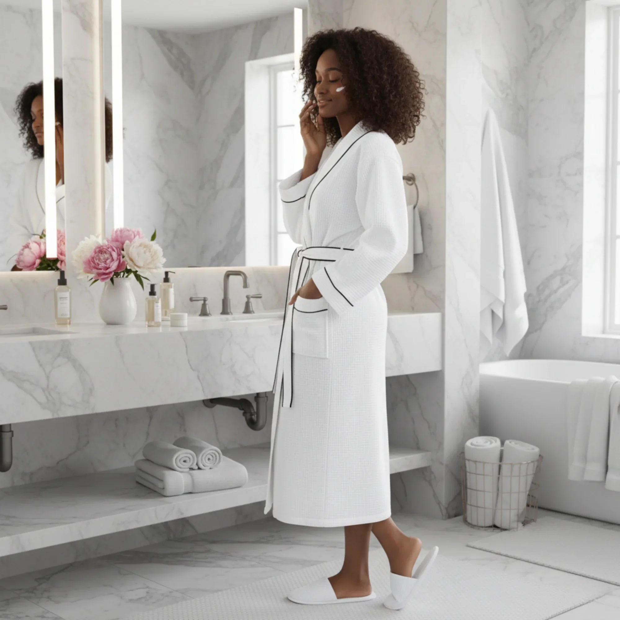 White women's waffle piping bathrobe from Lotus Linen, lightweight spa-style robe with cozy waffle texture and piping details.