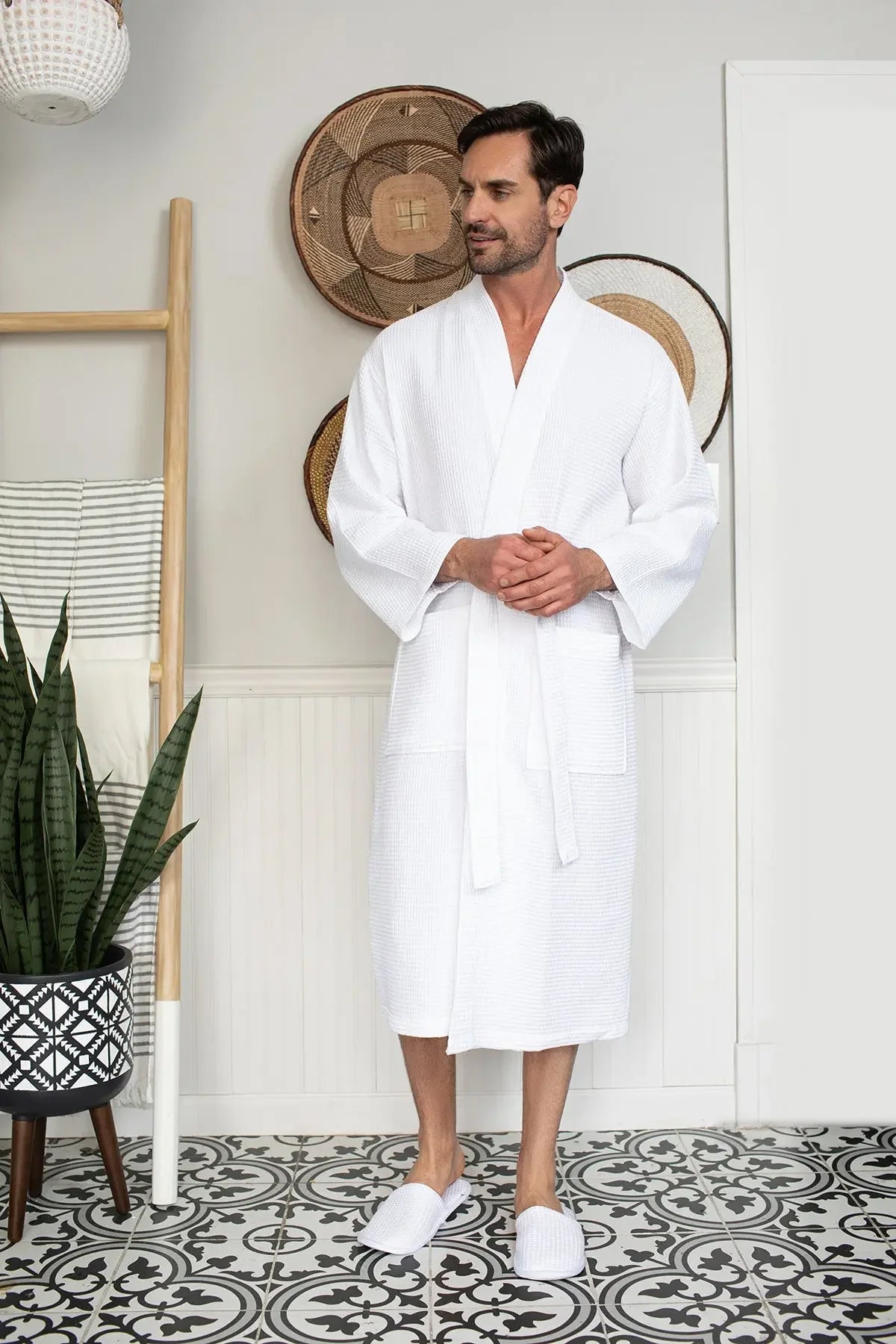 White Lotus Linen waffle spa bathrobe for men, absorbent and lightweight, shown hanging open with a relaxed fit.