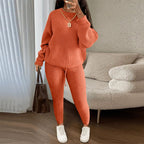 LadyShow winter ribbed knit suit set for women, featuring a loose pullover sweater and drawstring pants in cozy, casual style.