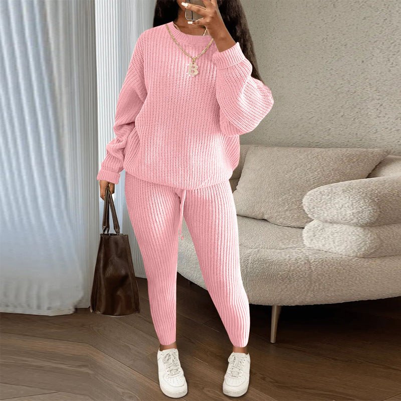 Winter ribbed knit women's clothing set featuring a loose pullover sweater and drawstring pants in a stylish, cozy design.