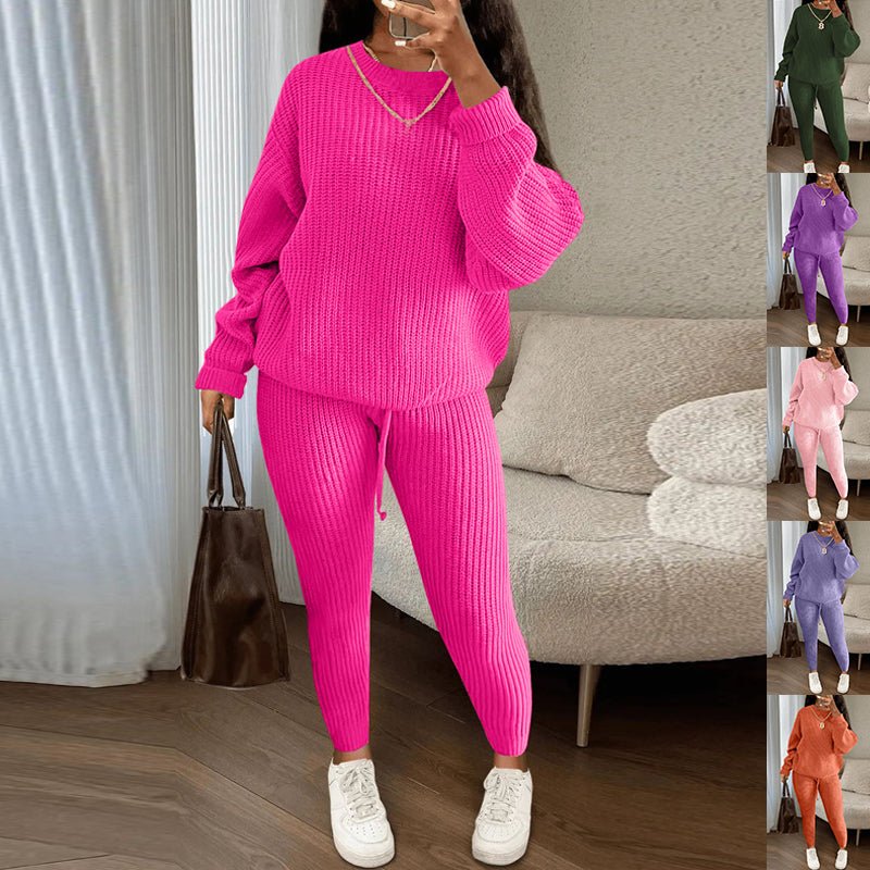 Winter ribbed knit women's clothing set with loose sweater top and drawstring pants, stylish and comfortable for cold weather.