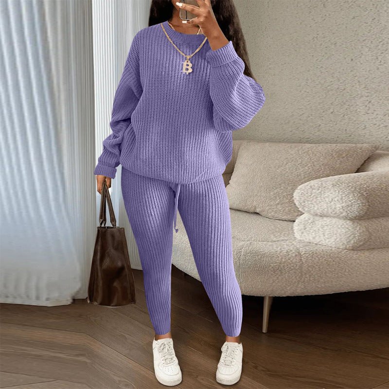 LadyShow winter ribbed knit women's clothing set with loose pullover sweater and drawstring pants, stylish and cozy for cold weather.