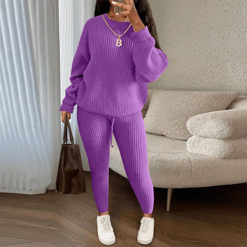 Winter ribbed knit women’s clothing set featuring a loose pullover sweater and drawstring pants in cozy, stylish fabric.