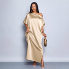 Yellow satin maxi dress for women by Bella Mia, perfect for early autumn, featuring a stylish and elegant satin dress design.