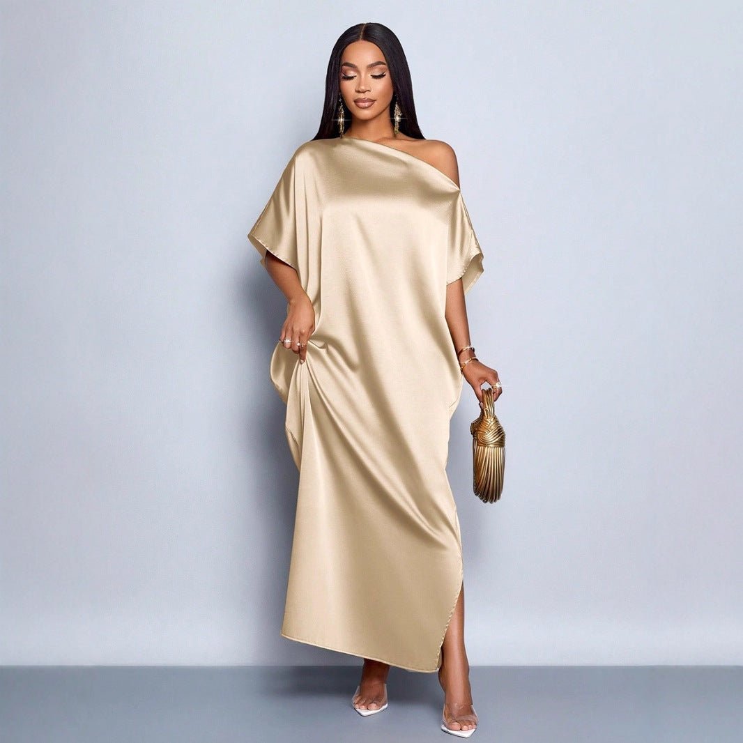 Yellow satin maxi dress for women by Plush Fashion Hub, perfect for early autumn, stylish and elegant satin clothing.