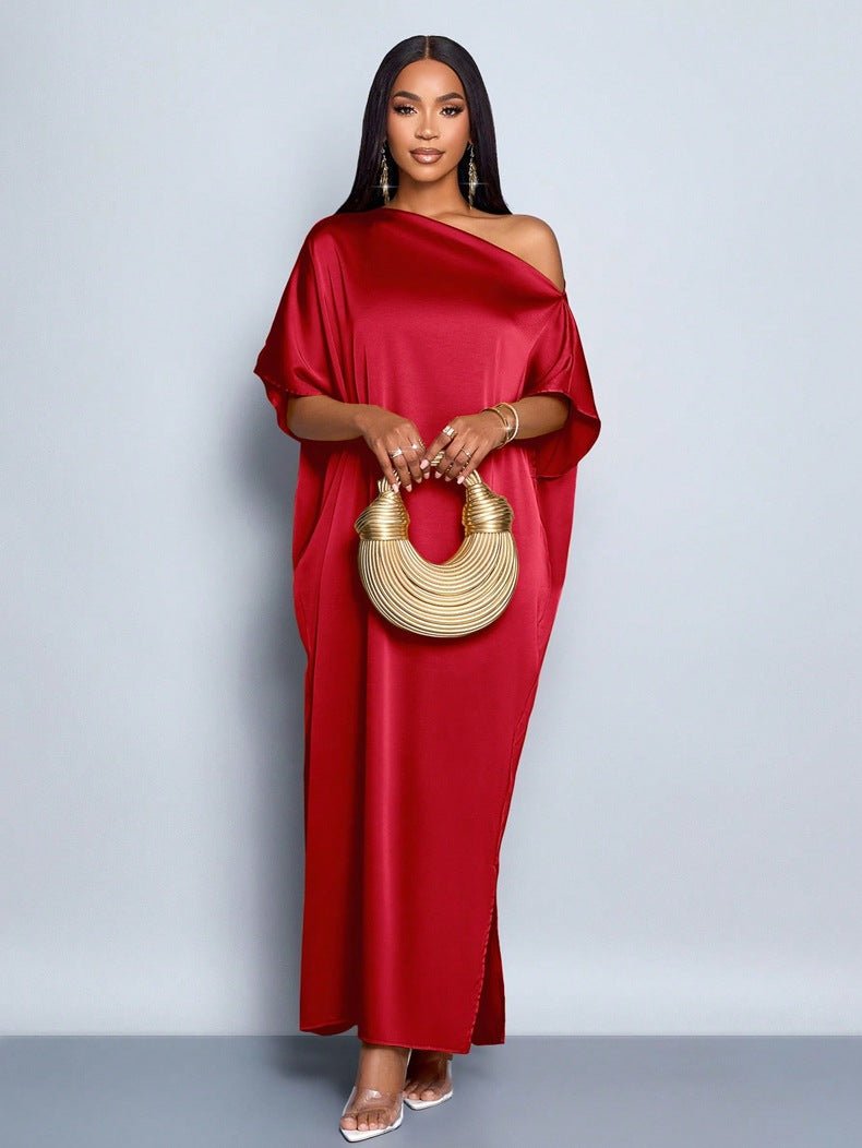 Yellow satin maxi dress for women by Bella Mia, perfect for early autumn, featuring a flowing, elegant satin fabric.
