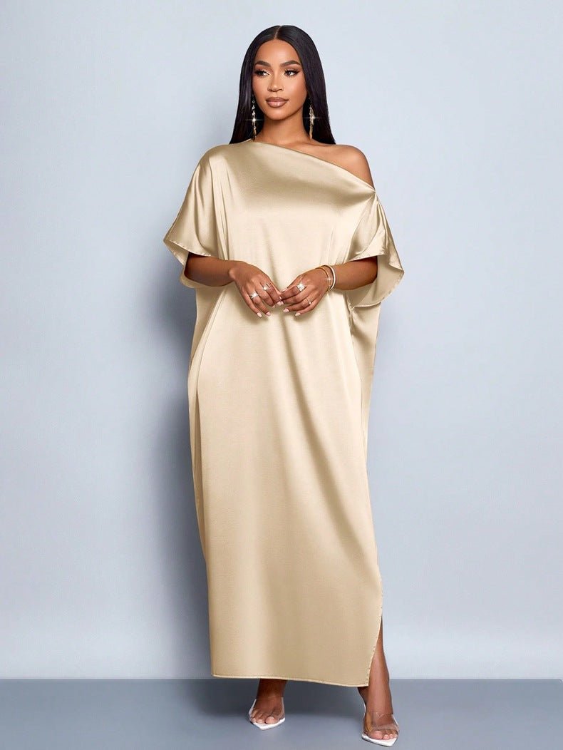Yellow satin maxi dress for women, early autumn fashion by Plush Fashion Hub, stylish satin dress perfect for fall occasions.