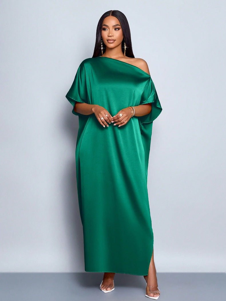 Yellow satin maxi dress for women by Bella Mia, perfect for early autumn, featuring a flowing satin fabric and elegant design.