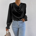 Women’s satin long sleeve shirt with ruffled sleeves by Bella Mia, perfect for autumn, featuring a stylish and elegant design.
