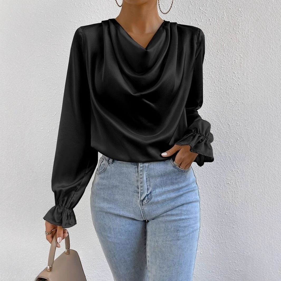 Women’s satin shirt with ruffled sleeves, long sleeve design, perfect for autumn, from Plush Fashion Hub.