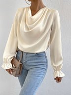 Women’s satin long sleeve shirt with ruffled sleeves by Bella Mia, perfect for autumn fashion, featuring a stylish and elegant design.