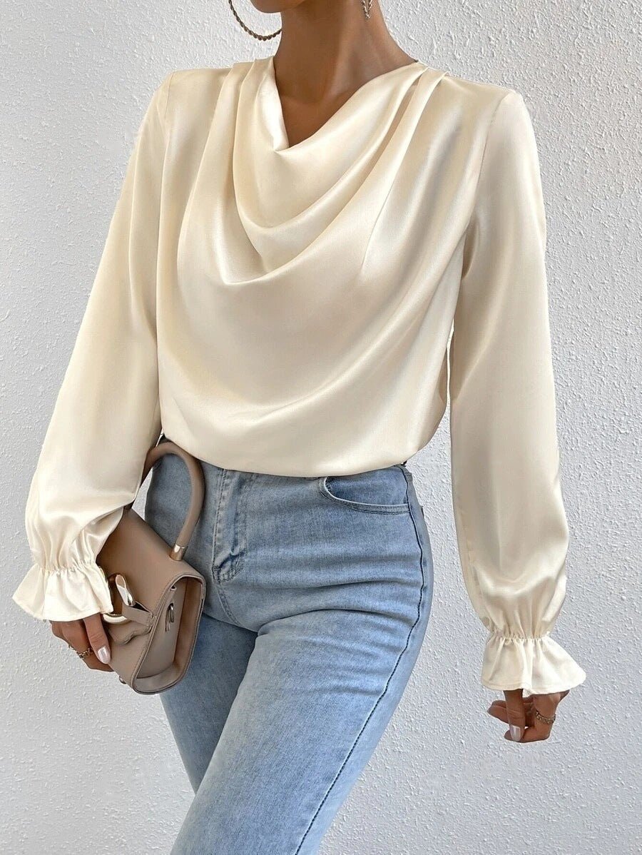 Women’s satin long sleeve shirt with ruffled sleeves by Bella Mia, perfect for autumn fashion, featuring a stylish and elegant design.