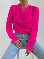 Women’s satin long sleeve shirt with ruffled sleeves by Bella Mia, perfect for autumn fashion, featuring a stylish satin finish.