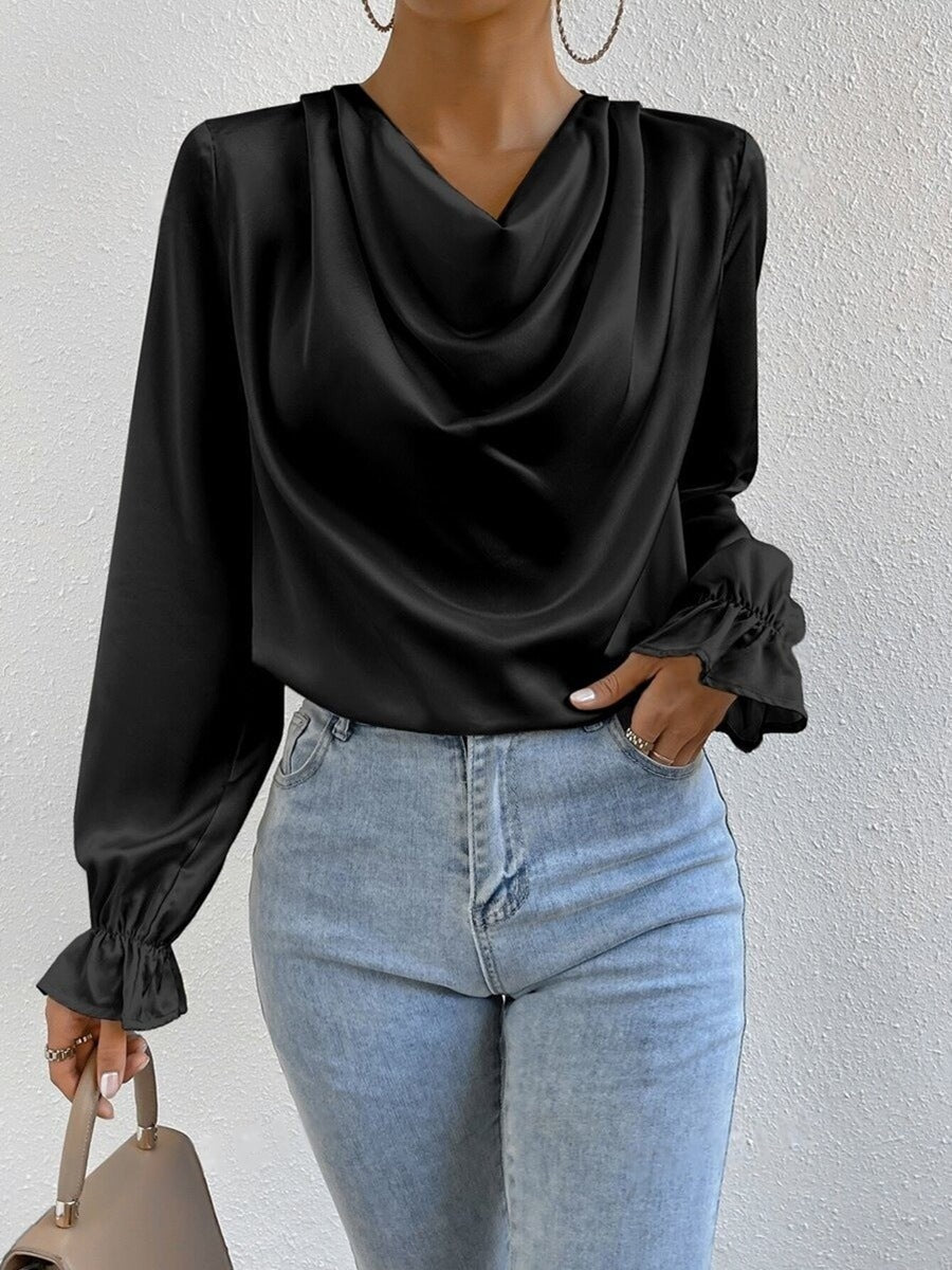 Women’s satin long sleeve shirt with ruffled sleeves by Bella Mia, perfect for autumn, featuring a stylish, elegant design.