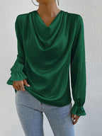 Bella Mia women’s satin long sleeve shirt with ruffled sleeves, perfect for autumn, stylish and elegant women's tops.