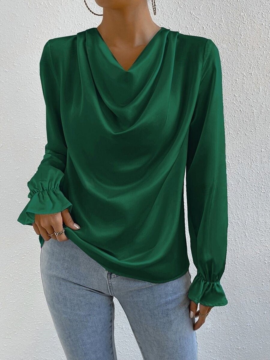 Bella Mia women’s satin long sleeve shirt with ruffled sleeves, perfect for autumn, stylish and elegant women's tops.