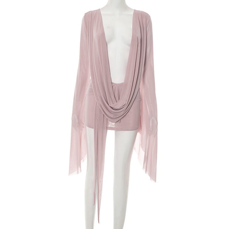 Bella Mia women's summer backless dress with mesh fabric, swing collar, wide hem, and long sleeves for a breezy, stylish look.