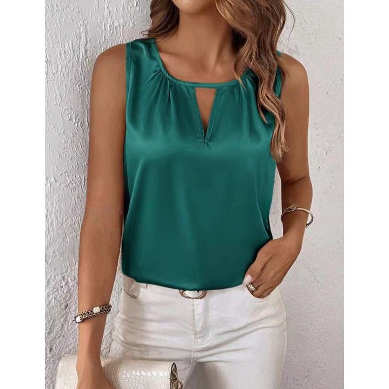 Women’s summer satin sleeveless top with pleated design and cutout details, by Plush Fashion Hub, featuring a hollow-out style.