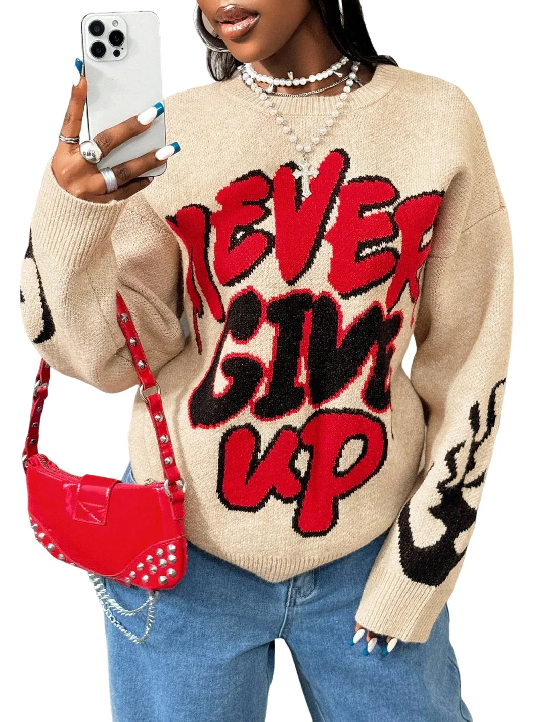 Women High Elastic Loose Long Sleeve Letters Pullover Knitted Sweater - Plush Fashion Hub