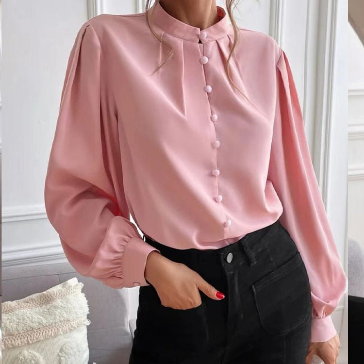 Elegant women’s long sleeve autumn shirt with collar, solid color, single-row buttons, loose fit, by Plush Fashion Hub.