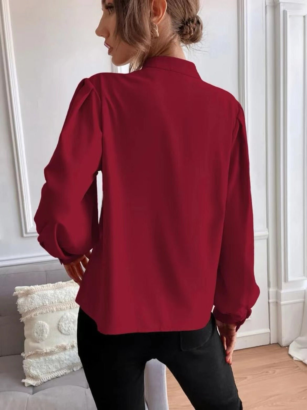 Elegant solid color women's long sleeve shirt with collar, buttons, and loose fit by Bella Mia, perfect for autumn.