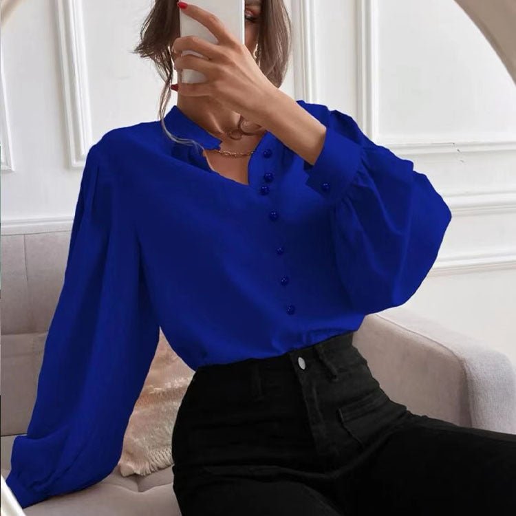 Women’s autumn long sleeve shirt by Plush Fashion Hub, elegant solid color collared top with button details and a loose fit.