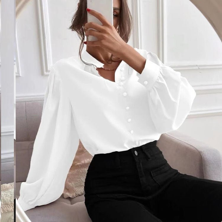 Elegant solid color women's long sleeve collared shirt with buttons, loose fit, perfect for autumn, by Bella Mia.