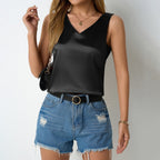 Bella Mia women's satin V-neck sleeveless camisole vest, casual spring-summer shirt, lightweight and stylish for warm weather.