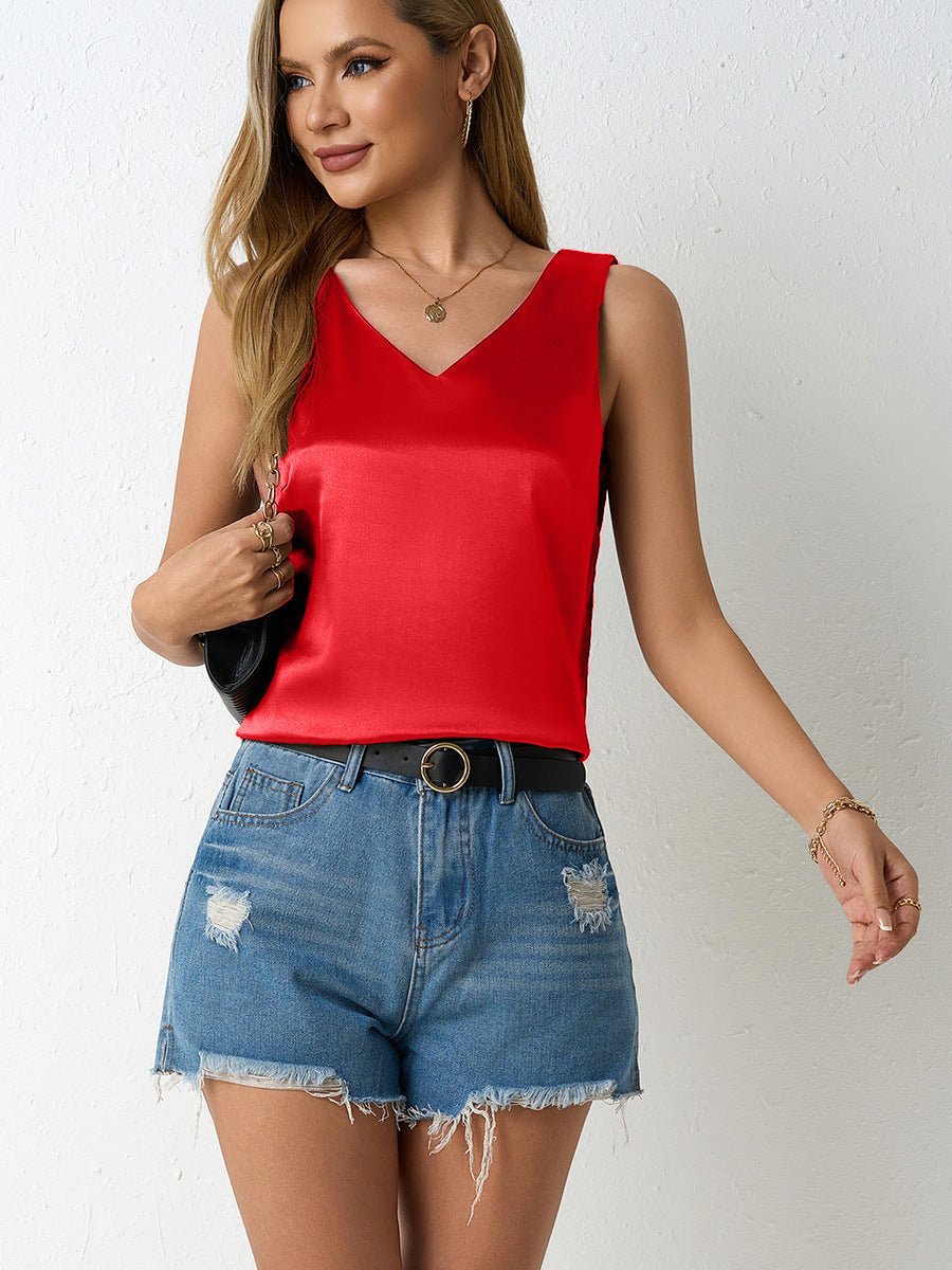 Bella Mia women's satin vest with V-neck, sleeveless camisole for spring and summer, casual and stylish sleeveless shirt.