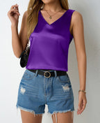 Women’s satin vest by Bella Mia featuring a V-neck, sleeveless design, perfect for spring and summer casual wear.