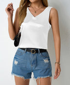 Women’s satin vest by Bella Mia featuring a V-neck, sleeveless design, perfect for spring and summer casual wear.