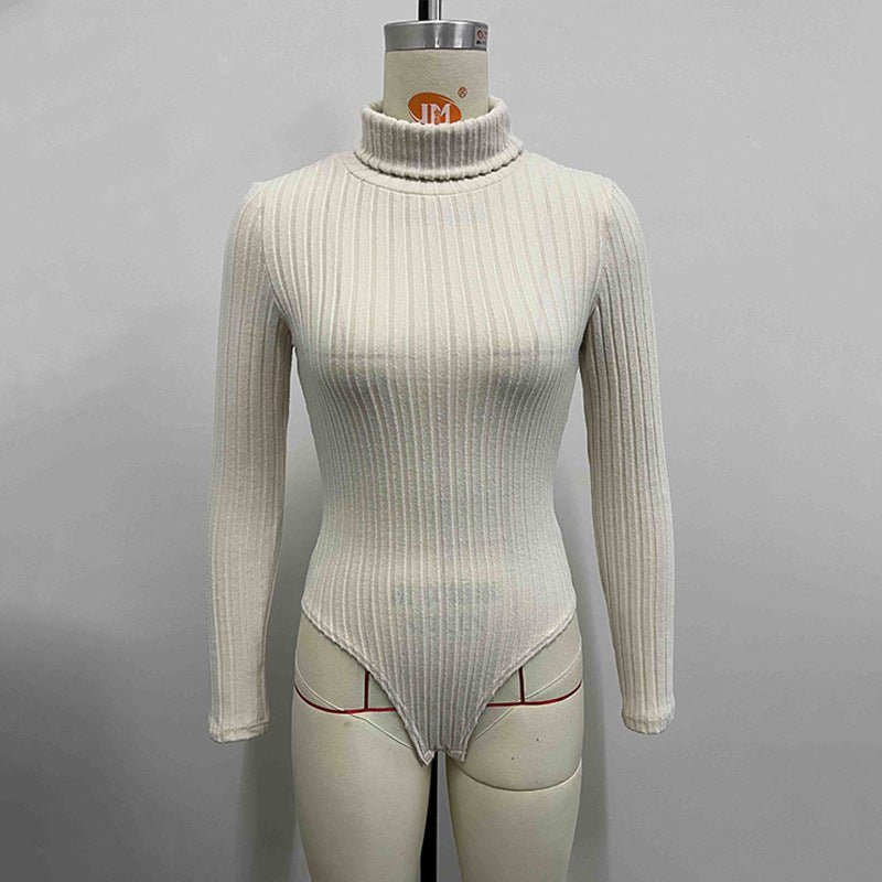 Women wearing Plush Fashion Hub knitted long sleeve turtleneck slim fit jumpsuit, showcasing a stylish bodysuit with a fitted silhouette.
