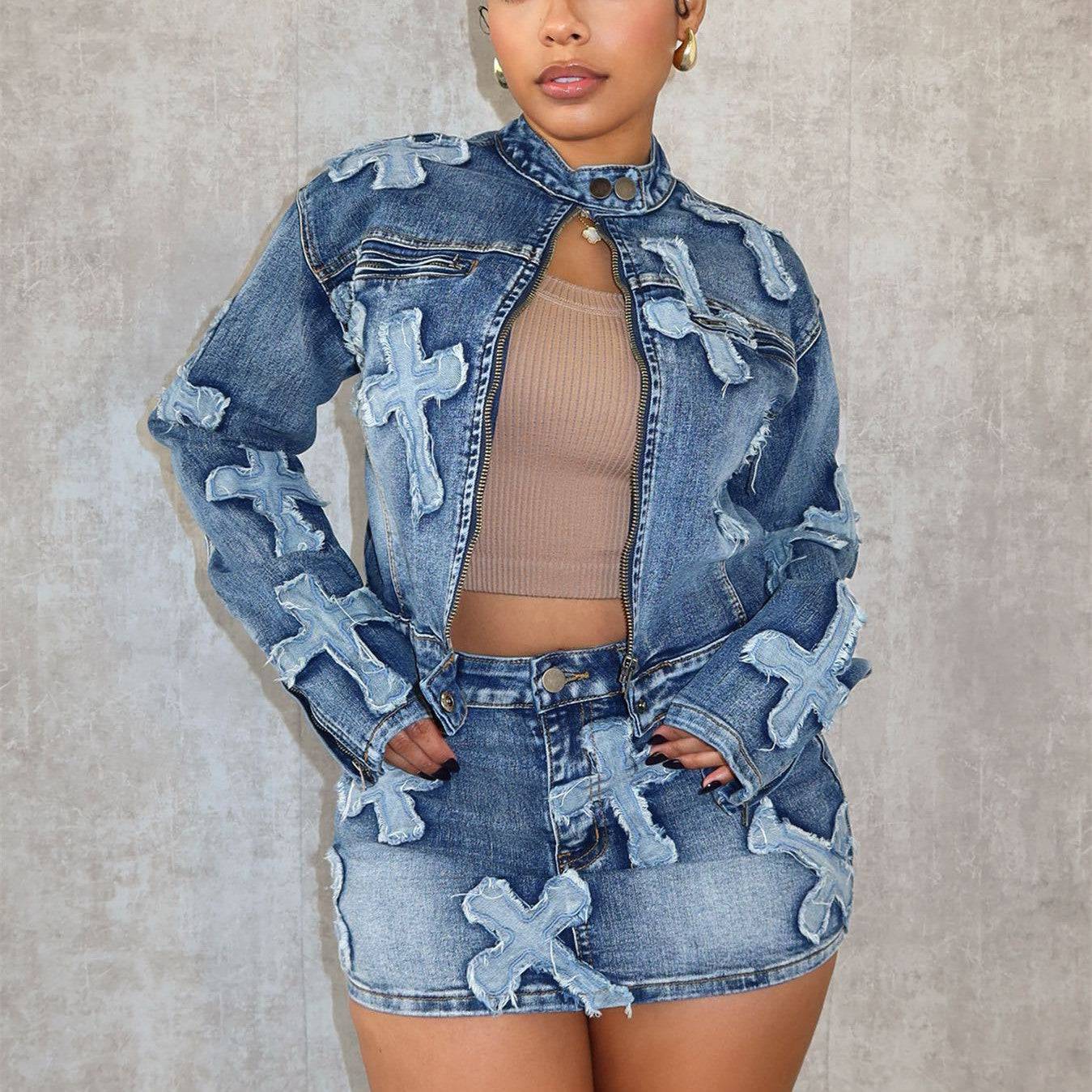 Denim StyleElevate your wardrobe and make a statement with our Denim Style Embroidered Short Skirt Jacket Suit. This retro-style suit exudes artistry with its intricate embroidJan skirt suitPlush Fashions ShopPlush Fashion Shop