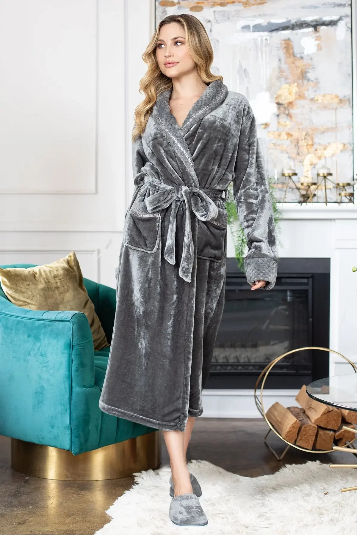 Women’s ultra-soft plush bathrobe by Lotus Linen, displayed in a cozy, relaxed fit with a shawl collar and tied waist.