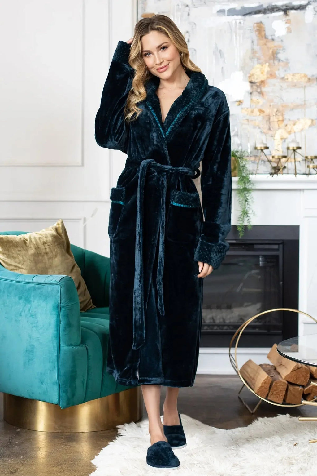 Women’s ultra soft plush bathrobe by Lotus Linen, showing cozy, plush fabric with a relaxed fit and tie waist.