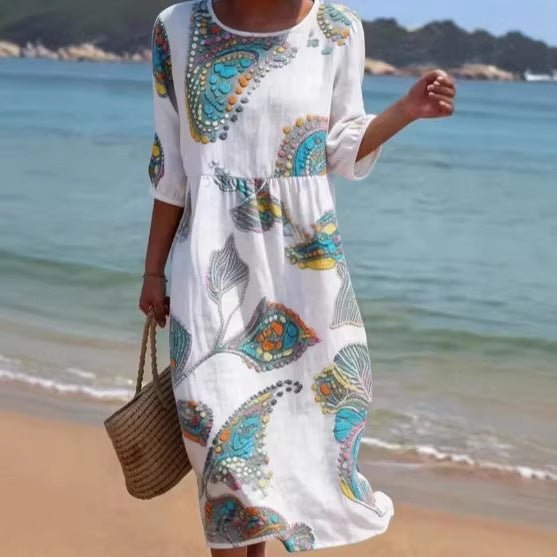 Women's 3D floral print long-sleeve A-line dress with crew neck and loose fit, casualwear by FitiqueFit.