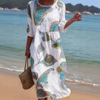 Women's 3D floral print long-sleeve A-line dress with crew neck and loose fit, casualwear by FitiqueFit.
