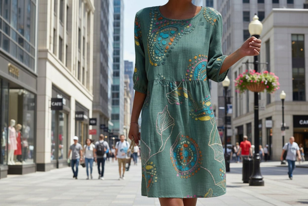 Women’s 3D floral print long-sleeve A-line dress with crew neck and loose fit, casualwear by FitiqueFit.