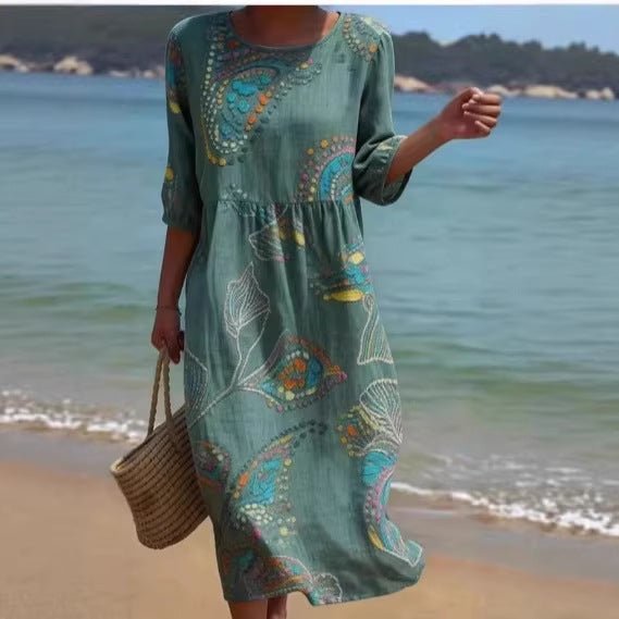 Women's 3D floral print long-sleeve A-line dress by FitiqueFit featuring a crew neck and loose fit casualwear style.