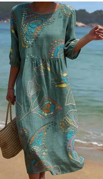 Women's 3D floral print long-sleeve A-line dress by FitiqueFit featuring a crew neck and loose fit for casual wear.
