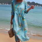 Women's 3D floral print long-sleeve A-line dress with crew neck and loose fit, casualwear by FitiqueFit.