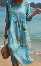 Women's 3D floral print long-sleeve A-line dress with crew neck and loose fit, casualwear by FitiqueFit.