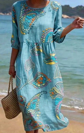 Women's 3D floral print long-sleeve A-line dress with crew neck and loose fit, casualwear by FitiqueFit.