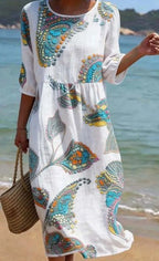 Women's 3D floral print long-sleeve A-line dress with crew neckline, loose fit, casualwear by FitiqueFit