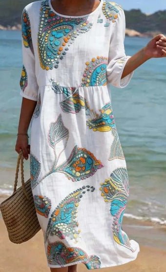 Women's 3D floral print long-sleeve A-line dress with crew neckline, loose fit, casualwear by FitiqueFit