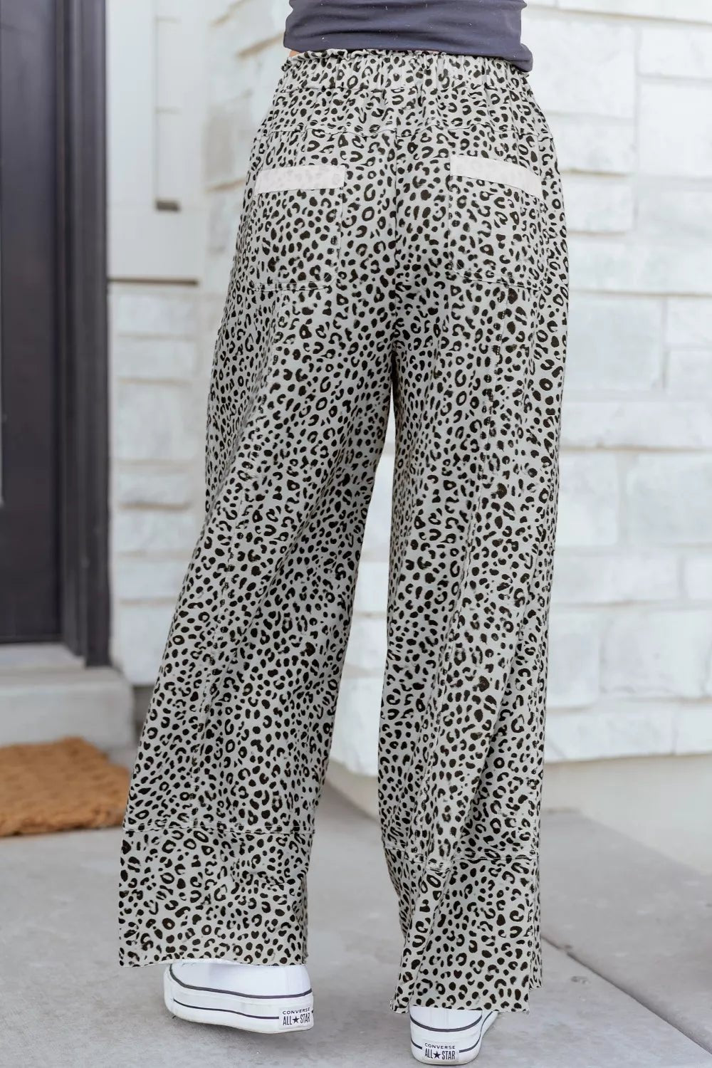 Women’s animal print wide-leg terry knit pants with drawstring waist, casual comfortable fashion by Trendsi.