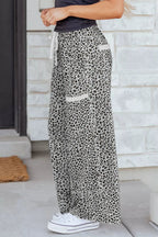 Women's animal print wide leg terry knit pants with drawstring waist, stylish and comfortable trendy pants for women.