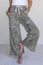 Women's animal print wide-leg terry knit pants with drawstring waist, casual and comfortable fashion by Trendsi.